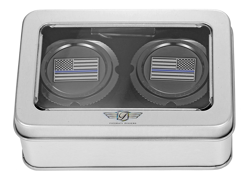 FIGURATI DESIGNS Axle Nut Cover - Front - Stainless Steel - Stainless Steel - Blue Line Flag - Black FD71-FAC-BK