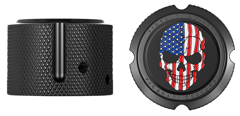 FIGURATI DESIGNS Axle Nut Cover - Front - Stainless Steel - Red/White/Blue Flag Skull - Black FD25-FAC-BK