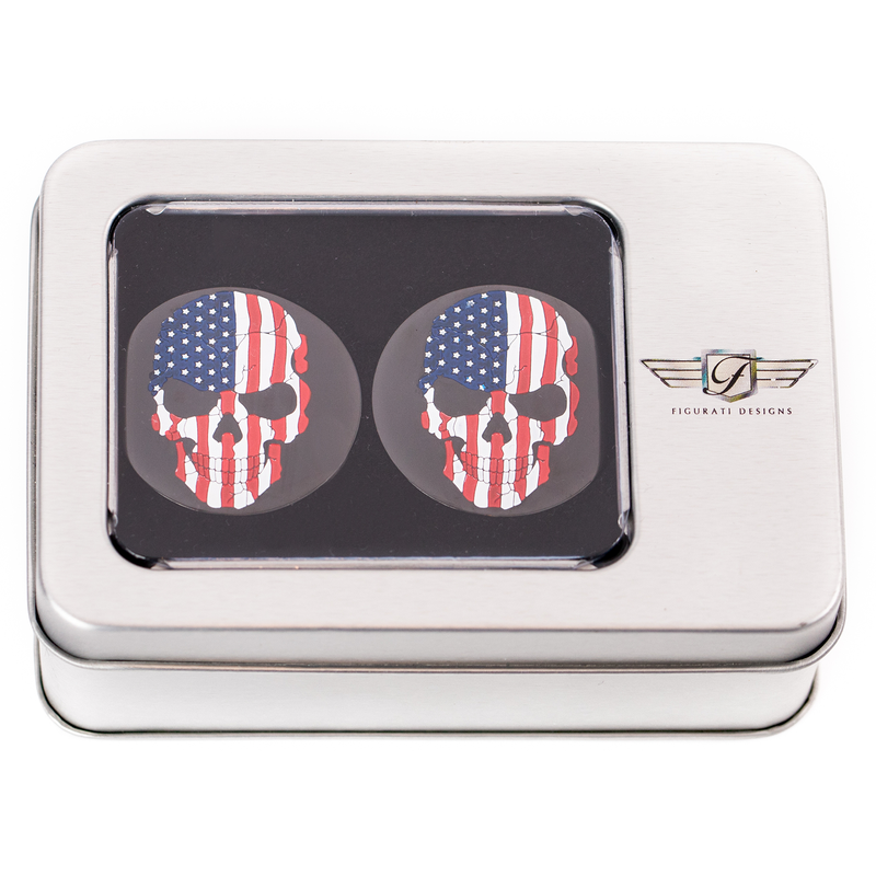 FIGURATI DESIGNS Swing Arm Covers - Red/White/Blue Flag Skull - Custom - Black FD25-AFSKULL-BK