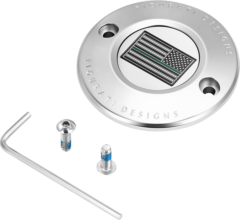 FIGURATI DESIGNS Timing Cover - 2 Hole - Green Line American Flag - Stainless Steel FD72-TC-2H-SS