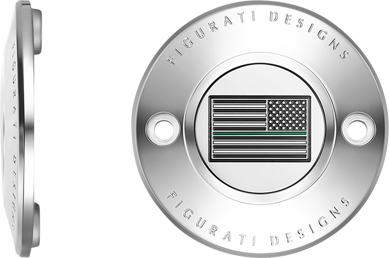 FIGURATI DESIGNS Timing Cover - 2 Hole - Green Line American Flag - Stainless Steel FD72-TC-2H-SS