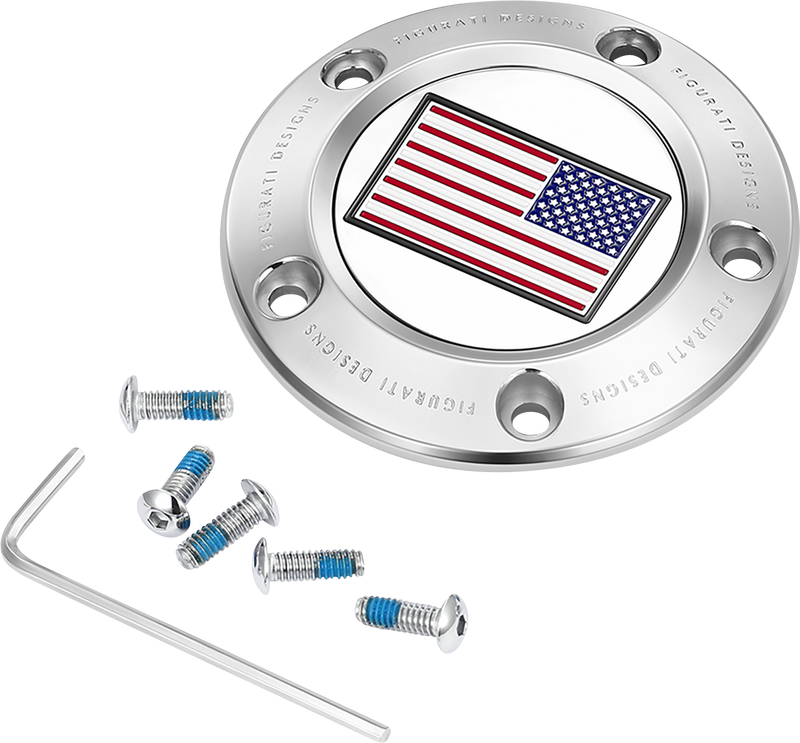 FIGURATI DESIGNS Timing Cover - 5 Hole - American Flag - Reversed - Stainless Steel FD20-TC-5H-SS