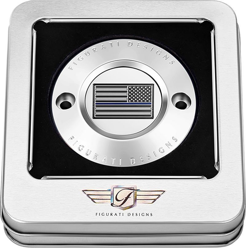 FIGURATI DESIGNS Timing Cover - 2 Hole - Blue Line American Flag - Stainless Steel FD70-TC-2H-SS
