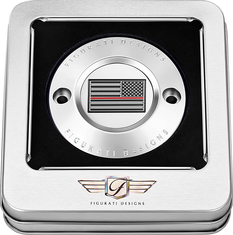FIGURATI DESIGNS Timing Cover - 2 Hole - Red Line American Flag - Stainless Steel FD73-TC-2H-SS