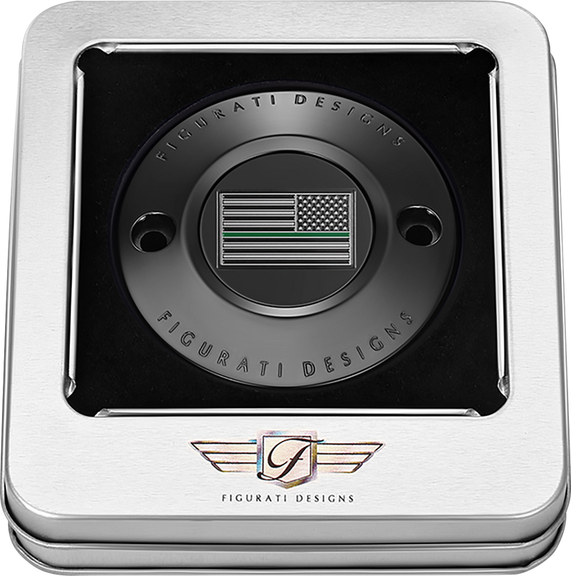 FIGURATI DESIGNS Timing Cover - 2 Hole - Green Line American Flag - Black FD72-TC-2H-BLK