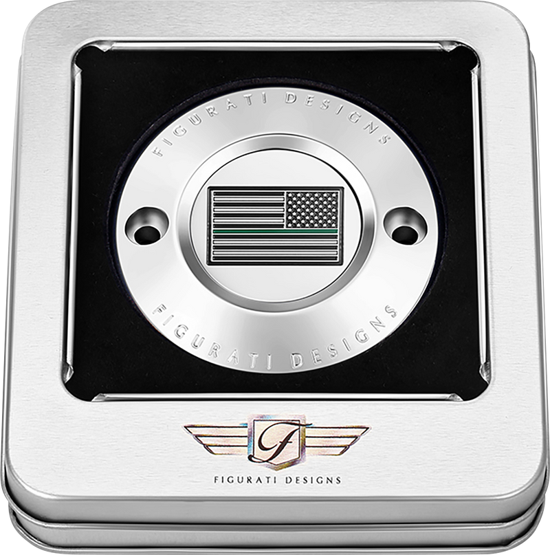 FIGURATI DESIGNS Timing Cover - 2 Hole - Green Line American Flag - Stainless Steel FD72-TC-2H-SS