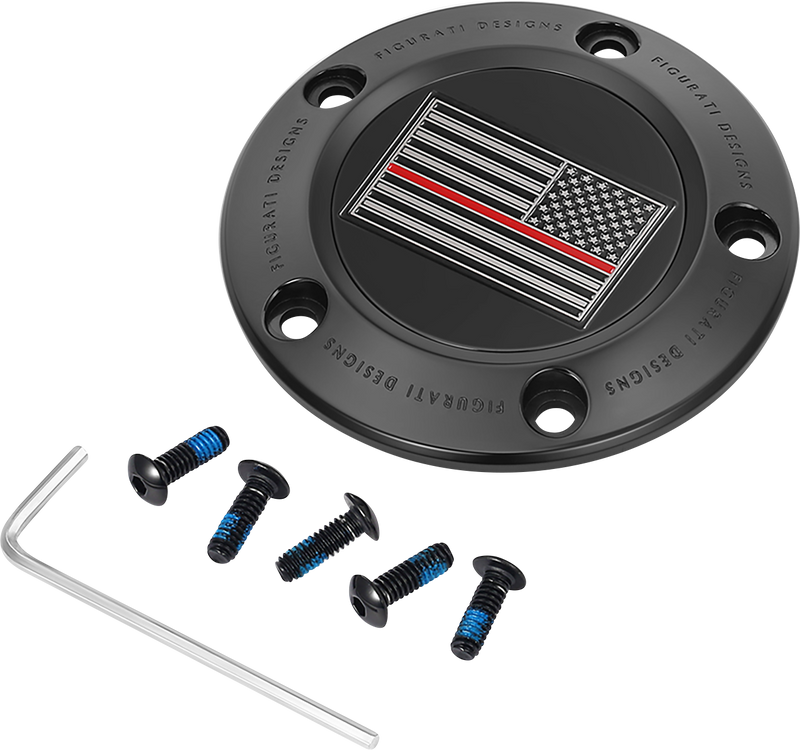 FIGURATI DESIGNS Timing Cover - 5 Hole - Red Line American Flag - Black FD75-TC-5H-BLK