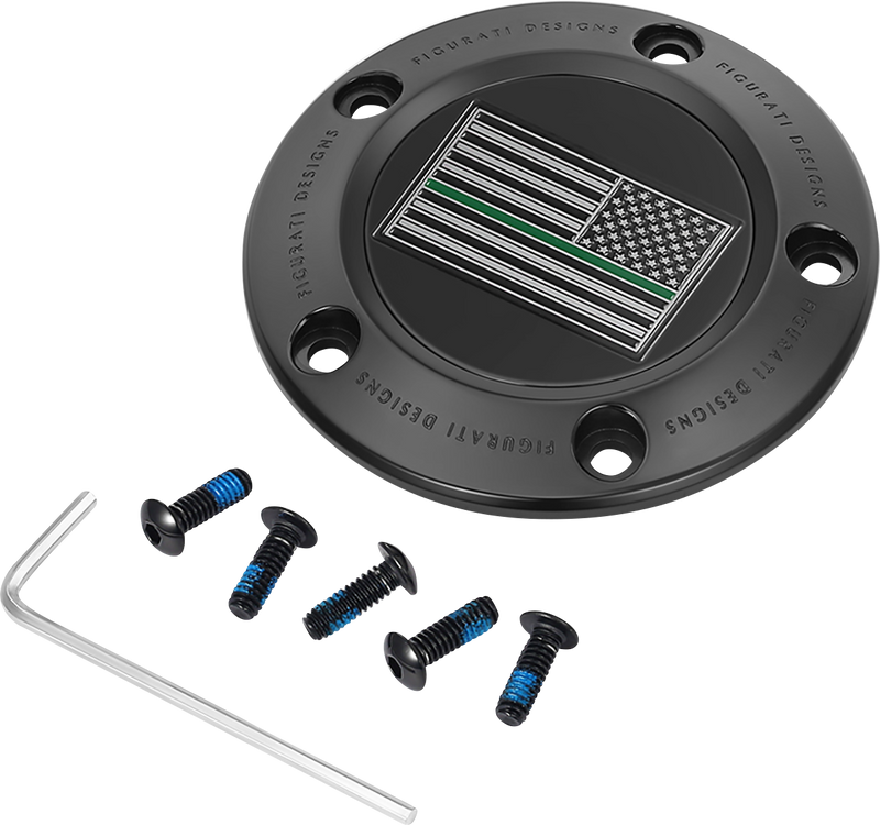 FIGURATI DESIGNS Timing Cover - 5 Hole - Green Line American Flag - Black FD72-TC-5H-BLK
