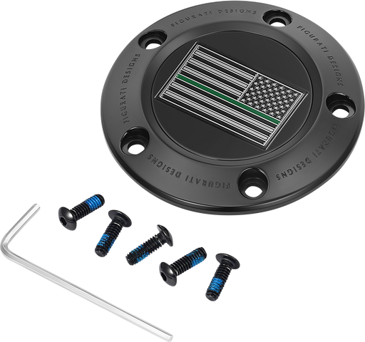 FIGURATI DESIGNS Timing Cover - 5 Hole - Green Line American Flag - Black FD72-TC-5H-BLK