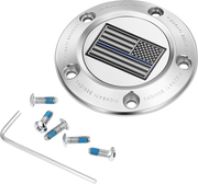 FIGURATI DESIGNS Timing Cover - 5 Hole - Blue Line American Flag - Stainless Steel FD70-TC-5H-SS