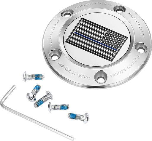 FIGURATI DESIGNS Timing Cover - 5 Hole - Blue Line American Flag - Stainless Steel FD70-TC-5H-SS
