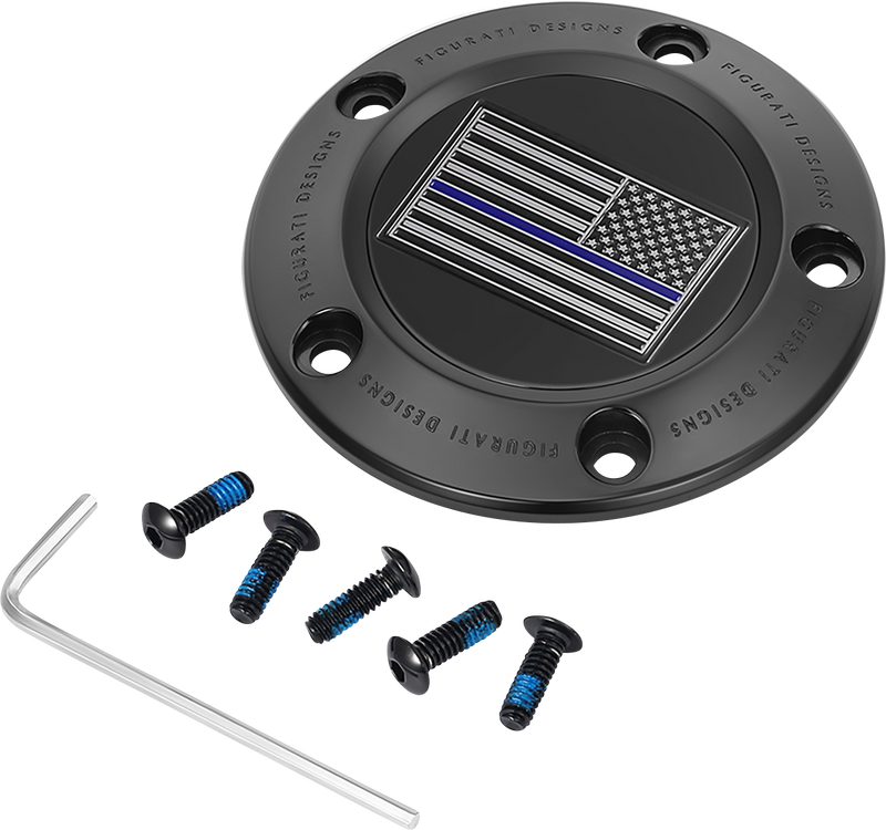 FIGURATI DESIGNS Timing Cover - 5 Hole - Blue Line American Flag - Black FD71-TC-5H-BLK