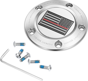 FIGURATI DESIGNS Timing Cover - 5 Hole - Red Line American Flag - Stainless Steel FD73-TC-5H-SS