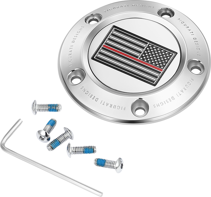 FIGURATI DESIGNS Timing Cover - 5 Hole - Red Line American Flag - Stainless Steel FD73-TC-5H-SS