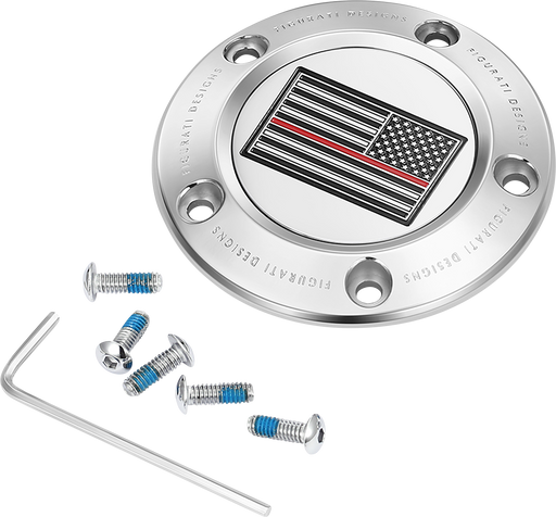 FIGURATI DESIGNS Timing Cover - 5 Hole - Red Line American Flag - Stainless Steel FD73-TC-5H-SS
