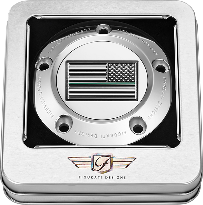 FIGURATI DESIGNS Timing Cover - 5 Hole - Green Line American Flag - Stainless Steel FD72-TC-5H-SS