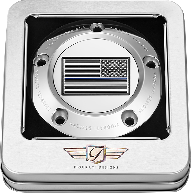 FIGURATI DESIGNS Timing Cover - 5 Hole - Blue Line American Flag - Stainless Steel FD70-TC-5H-SS