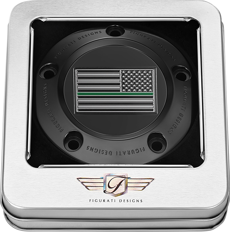 FIGURATI DESIGNS Timing Cover - 5 Hole - Green Line American Flag - Black FD72-TC-5H-BLK
