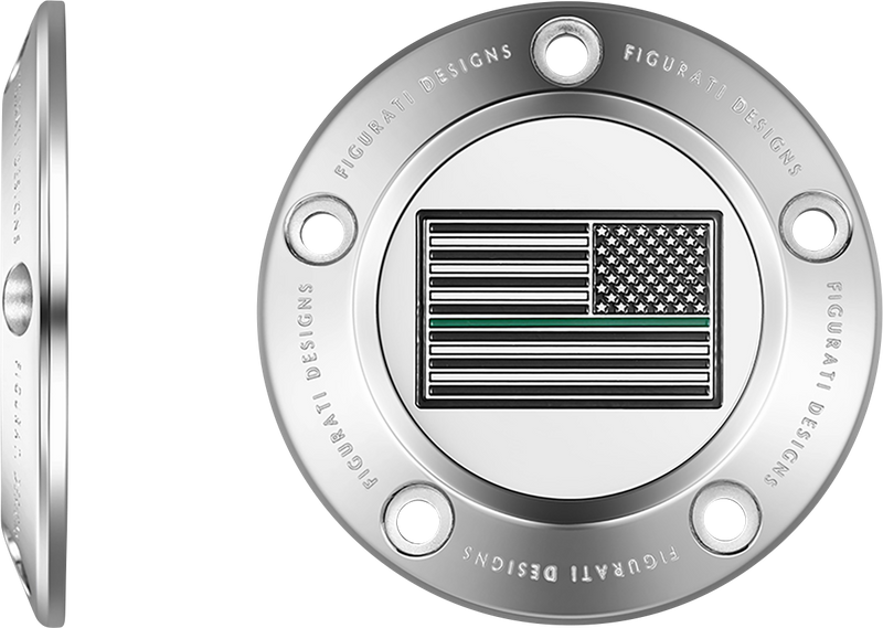 FIGURATI DESIGNS Timing Cover - 5 Hole - Green Line American Flag - Stainless Steel FD72-TC-5H-SS