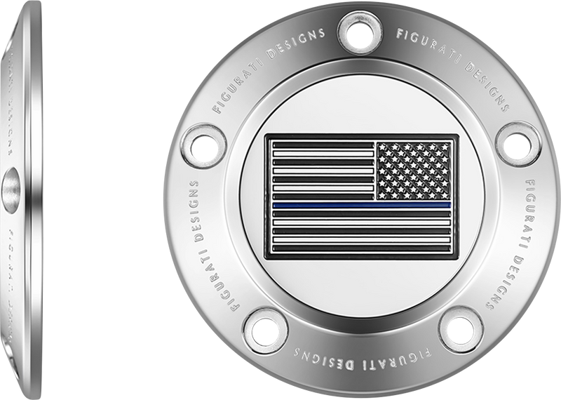 FIGURATI DESIGNS Timing Cover - 5 Hole - Blue Line American Flag - Stainless Steel FD70-TC-5H-SS