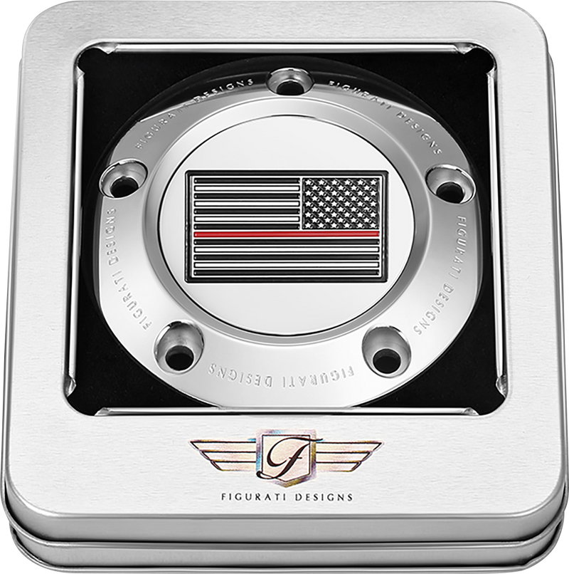 FIGURATI DESIGNS Timing Cover - 5 Hole - Red Line American Flag - Stainless Steel FD73-TC-5H-SS
