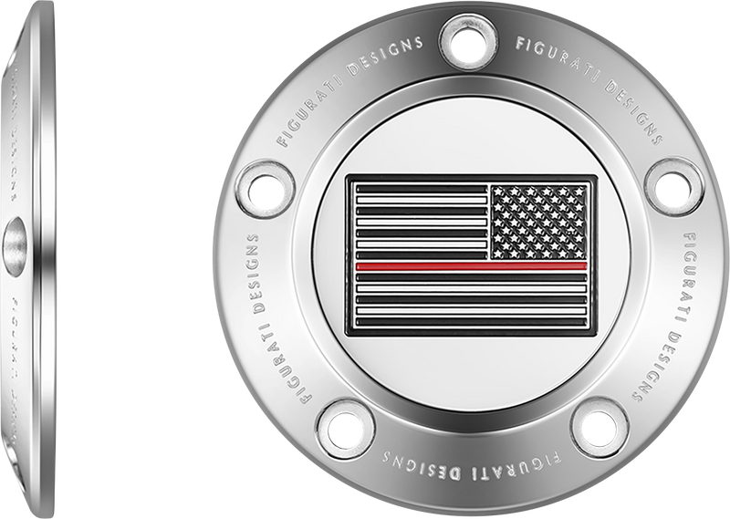 FIGURATI DESIGNS Timing Cover - 5 Hole - Red Line American Flag - Stainless Steel FD73-TC-5H-SS