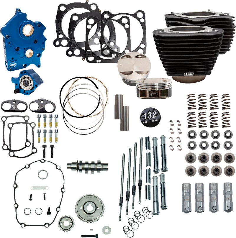 S&S CYCLE 132" Power Package Engine Performance Kit - Gear Drive - Oil Cooled - Non-Highlighted Fins - M8