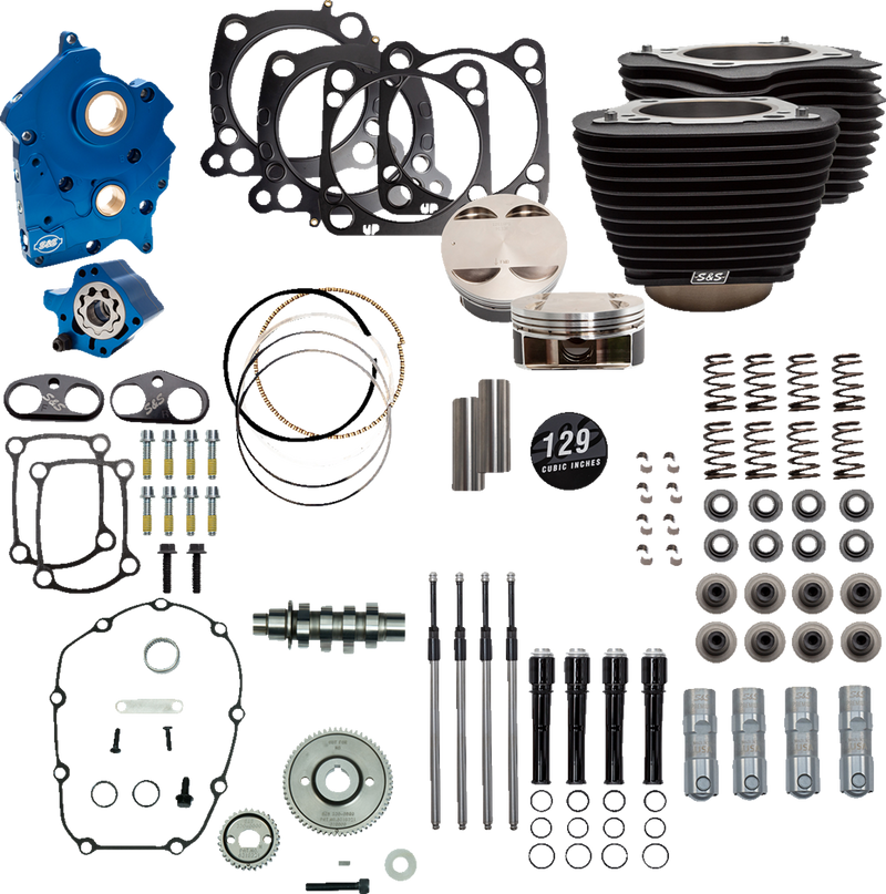 S&S CYCLE 129" Power Package Engine Performance Kit - Gear Drive - Oil Cooled - Non-Highlighted Fins - M8