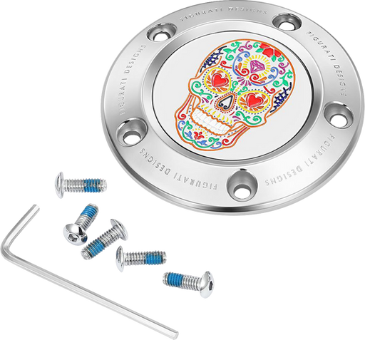 FIGURATI DESIGNS Timing Cover - 5 Hole - Sugar Skull - Mirror Polished - Stainless Steel FD30-TC-5H-SS