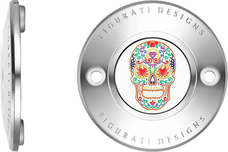 FIGURATI DESIGNS Timing Cover - 2 Hole - Sugar Skull - Mirror Polished - Stainless Steel FD30-TC-2H-SS