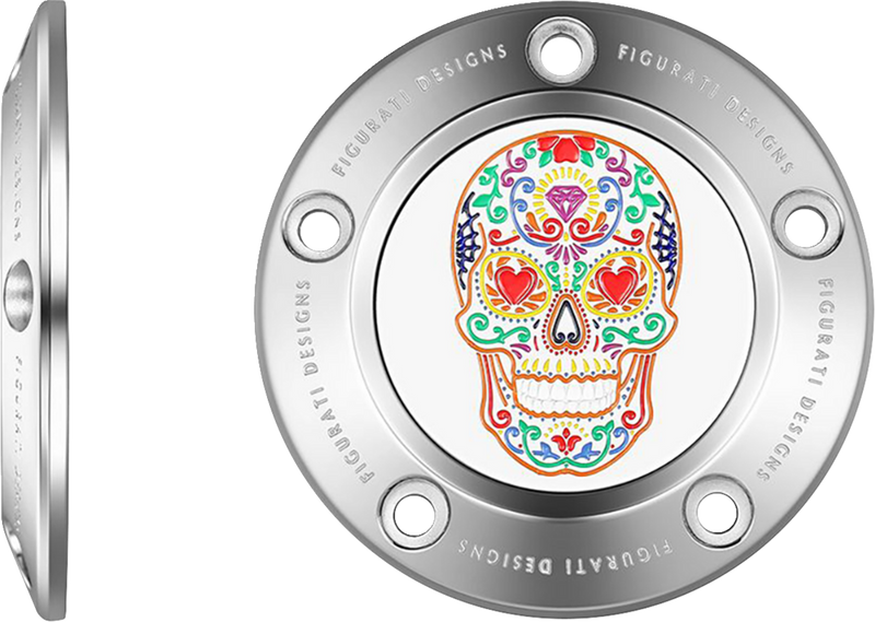 FIGURATI DESIGNS Timing Cover - 5 Hole - Sugar Skull - Mirror Polished - Stainless Steel FD30-TC-5H-SS