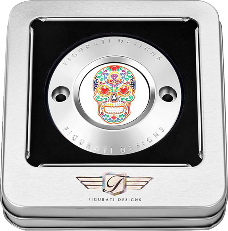 FIGURATI DESIGNS Timing Cover - 2 Hole - Sugar Skull - Mirror Polished - Stainless Steel FD30-TC-2H-SS
