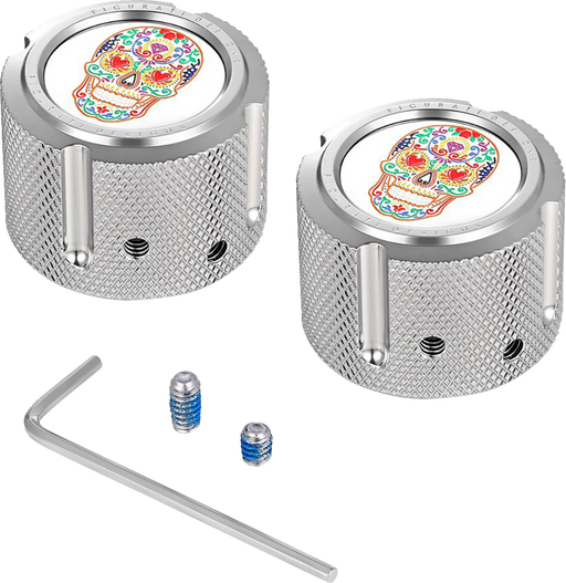 FIGURATI DESIGNS Axle Nut Cover - Front - Stainless Steel - Sugar Skull - Silver FD30-FAC-SS