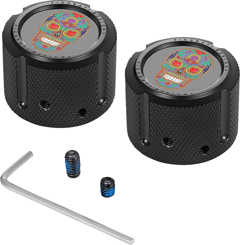 FIGURATI DESIGNS Axle Nut Cover - Front - Stainless Steel - Sugar Skull - Black FD30-FAC-BLK