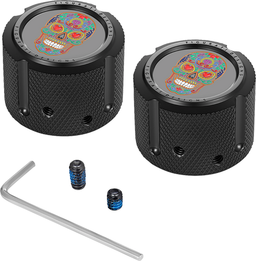 FIGURATI DESIGNS Axle Nut Cover - Front - Stainless Steel - Sugar Skull - Black FD30-FAC-BLK