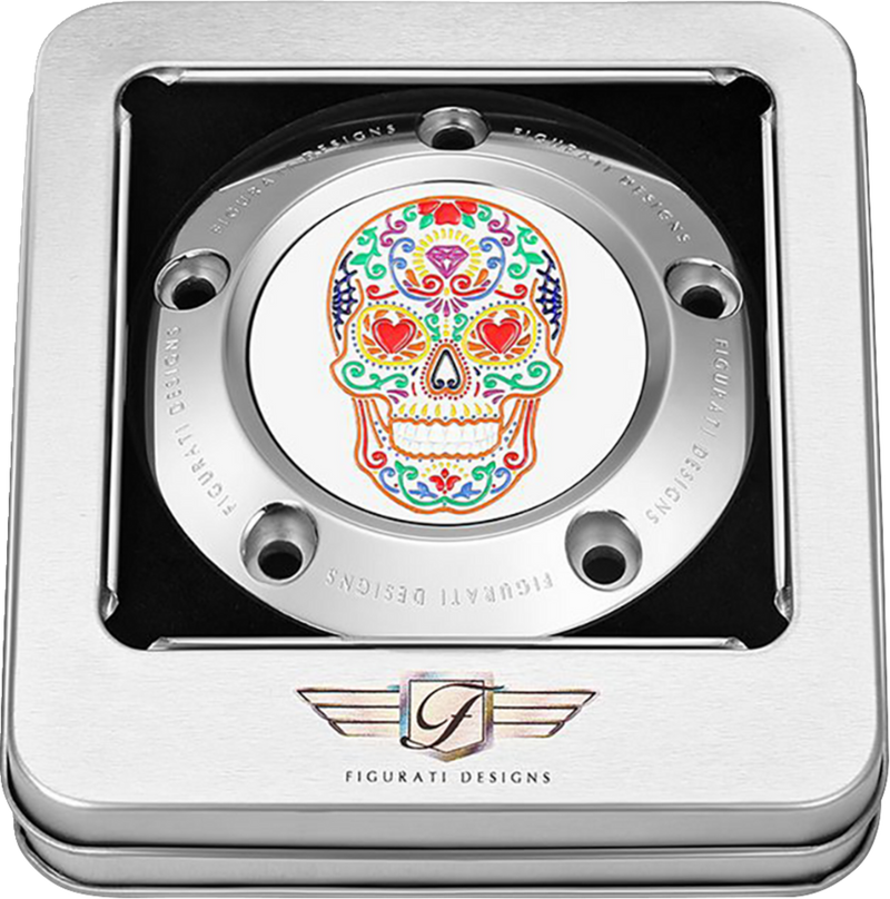 FIGURATI DESIGNS Timing Cover - 5 Hole - Sugar Skull - Mirror Polished - Stainless Steel FD30-TC-5H-SS