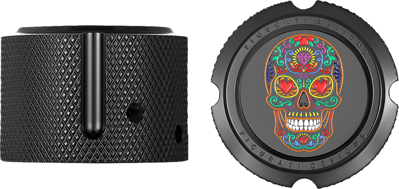 FIGURATI DESIGNS Axle Nut Cover - Front - Stainless Steel - Sugar Skull - Black FD30-FAC-BLK