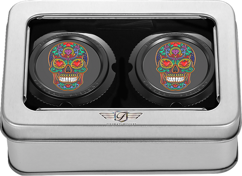 FIGURATI DESIGNS Axle Nut Cover - Front - Stainless Steel - Sugar Skull - Black FD30-FAC-BLK
