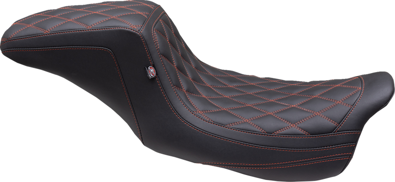 MUSTANG One Piece 2-Up Squareback Seat - Double Diamond - American Beauty Red/Orange Stitch - Touring '08-'24
