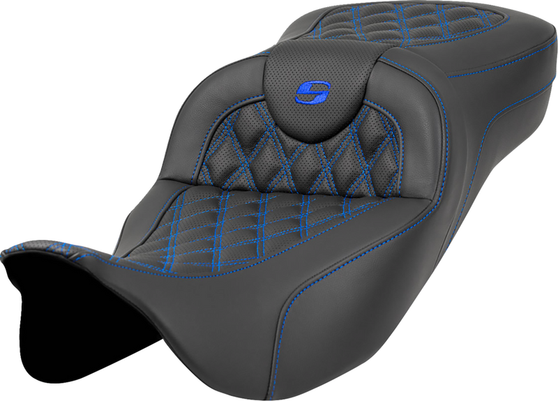 SADDLEMEN Extended Reach Roadsofa™ Seat - Lattice Stitch - Blue Stitch - without Backrest - Touring '08-'24