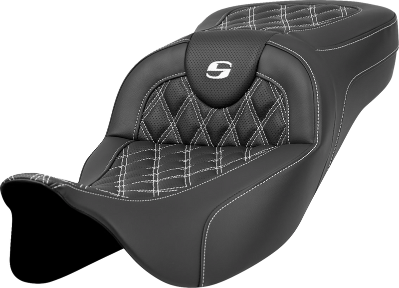 SADDLEMEN Extended Reach Roadsofa™ Seat - Lattice Stitch - White Stitch - without Backrest - Touring '08-'24