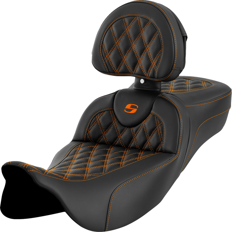 SADDLEMEN Roadsofa™ Extended Reach Seat - Lattice Stitch - Orange Stitch - with Backrest - Touring '08-'24