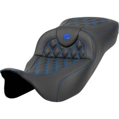 SADDLEMEN Roadsofa™ Extended Reach Seat - with Backrest - Lattice Stitch - Blue Stitch - Touring '23.5-'25