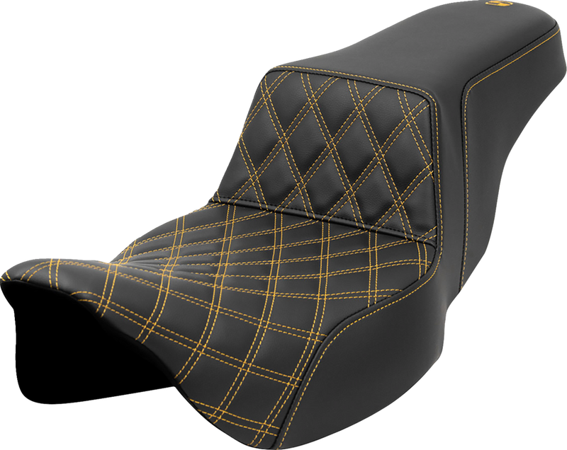 SADDLEMEN Step-Up Seat - Front Lattice Stitch - Gold Stitch - Extended Reach - Touring '08-'24