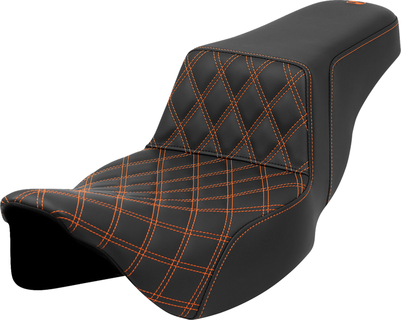 SADDLEMEN Step-Up Seat - Front Lattice Stitch - Orange Stitch - Extended Reach - Touring '08-'24