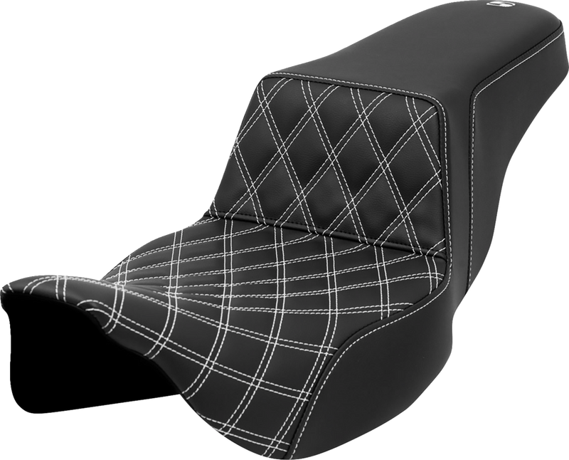 SADDLEMEN Step-Up Seat - Front Lattice Stitch - White Stitch - Extended Reach - Touring '08-'24