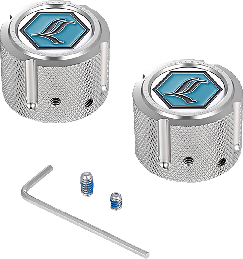 FIGURATI DESIGNS Axle Nut Cover - Front - Stainless Steel - Legends Suspension Logo - Silver FD02-FAC-SS