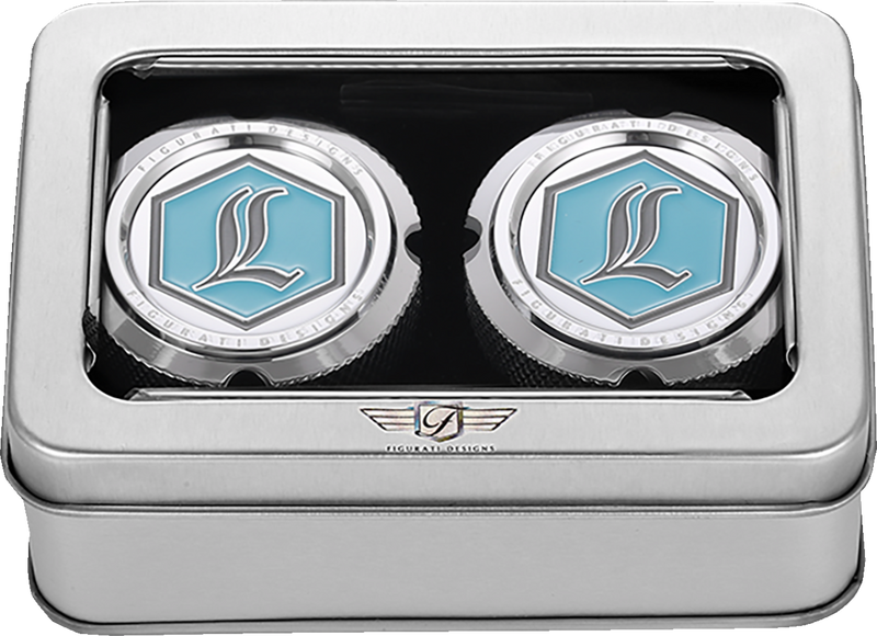 FIGURATI DESIGNS Axle Nut Cover - Front - Stainless Steel - Legends Suspension Logo - Silver FD02-FAC-SS