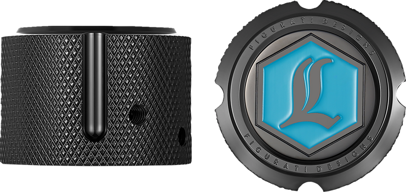 FIGURATI DESIGNS Axle Nut Cover - Front - Stainless Steel - Legends Suspension Logo - Black FD02-FAC-BLK