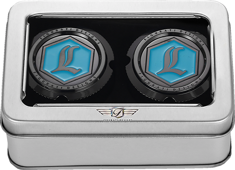 FIGURATI DESIGNS Axle Nut Cover - Front - Stainless Steel - Legends Suspension Logo - Black FD02-FAC-BLK